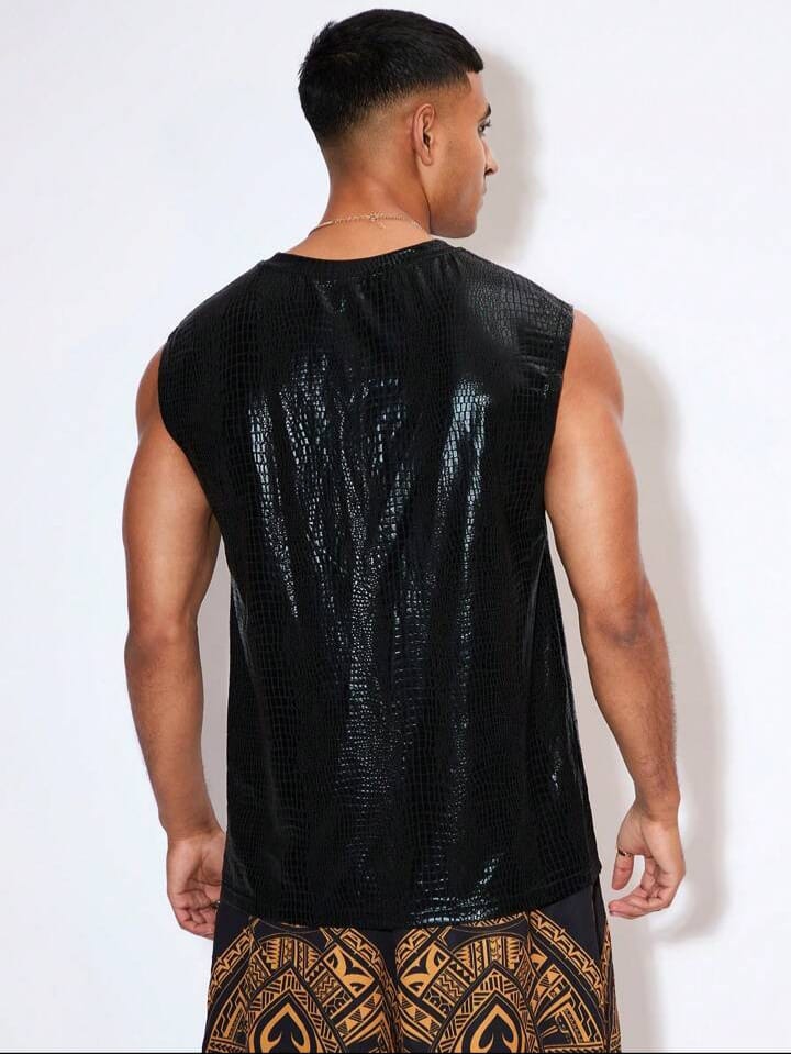 Men's Festival Clothing Knitted Leisure Snake Skin Print Pu Leather Fashion Broad Shoulder Black Plain Disco Sleeveless Tank Top